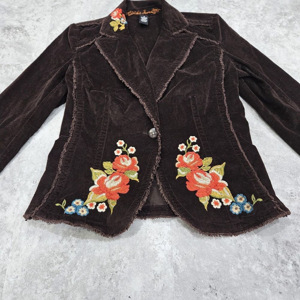 Vintage Y2k Kitkit Jeans Embroidered Brown Corduroy Jacket Shabby Chic Medium - Picture 6 of 16